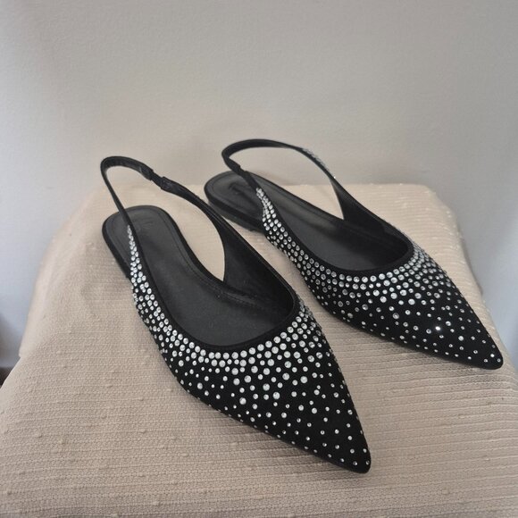 NWOT Black Rhinestone Slingback Flats - Picture 1 of 8